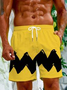 1pc Plus Size Men's Casual Beach Shorts, Loose Fit, Black Wavy Pattern Print, Quick-Dry, Suitable For Everyday Outdoor Vacation, Summer, Hawaiian