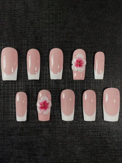 10 Stück französische handgepresste Nägel, mittellang, quadratisch, einfacher Stil, weiße französische Fingerspitzen, rosa Grundfarbe, 3D handgezupfte Blumen, geeignet für Mädchen Alltag, Party, Feiertags-Dekoration, abnehmbar und wiederverwendbar, mit Gelee-Kleber und Nagelfeile Nagelbedarf