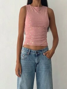 Women's Mesh Sequin Vest - Pink - View 2