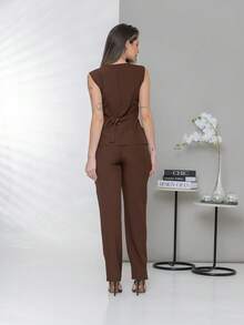 Plain Elegant Vest And Dress Pants Set C3302 - 巧克力棕 - 查看 2