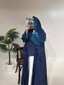 1 Set Women Patchwork Sleeve Elegant Casual Robe & Headwrap, Fashionable Open Front Long Robe, Modest Kaftan - Blue - View 1