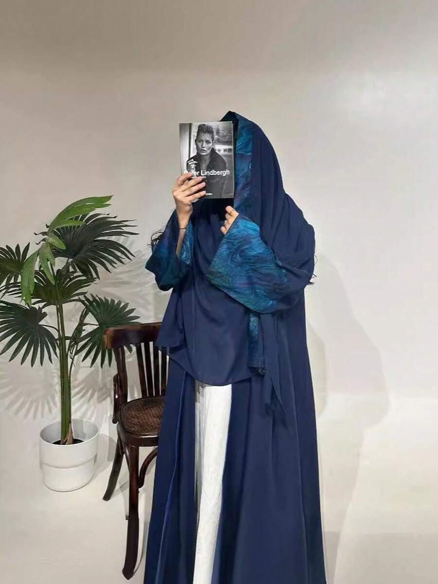 1 Set Women Patchwork Sleeve Elegant Casual Robe & Headwrap, Fashionable Open Front Long Robe, Modest Kaftan - Blue - View 1