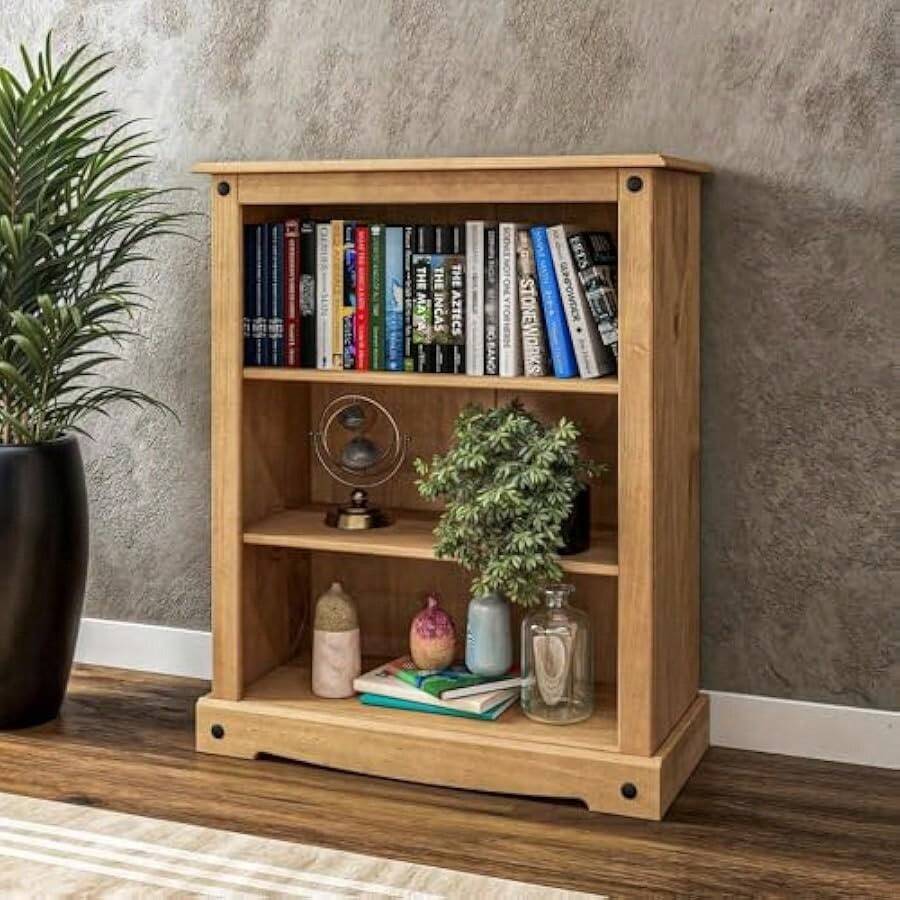 Corona Small Bookcase 3 Book Shelves Low Solid Mexican Pine Wood - as pic - View 1