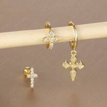 3PCS 18K Gold Plated Cross Stud Earrings Set For Women's Wedding Jewelry Zirconia Hoop Stainless Steel Accessories Party Gift