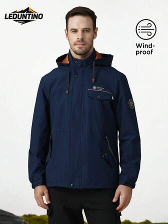 LEDUNTINO Męska modna, nowa, swobodna, kieszonkowa, z nadrukiem w litery, odpinanym kapturem i zamkiem błyskawicznym, lekka kurtka, odpowiednia na wiosnę i jesień, codzienne aktywności na świeżym powietrzu