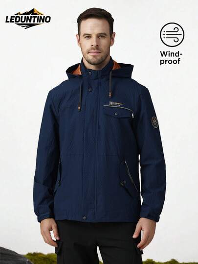 LEDUNTINO Men's Fashion New Casual Pocket Letter Print Detachable Hood Zipper Lightweight Jacket, Suitable For Spring And Autumn Casual Outdoor Activities