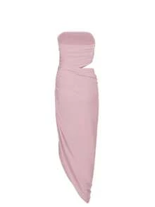 WOWDARK Women Autumn Strapless Hollow Out Ruched Split Hem Dress - Pink - View 8