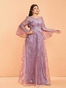Anpoket, Nuevo Artículo, Cuello Redondo, Elegante, Vestido de Fiesta de Talla Grande, Bordado, Transparente, Manga Volante, Vestido Largo, PARA, Cena - Morado - Ver 6