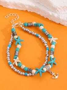 1 Stück modischer, vintage Mehrschicht-Fußkette mit Türkis, Muschel, Reisperlen, geeignet für Männer und Frauen, Strand Urlaub Party Accessoire