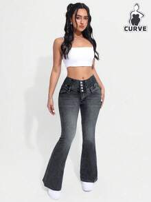 Women's Single-Breasted Fitted Stretch Denim Flare Jeans Casual - Grey - View 6