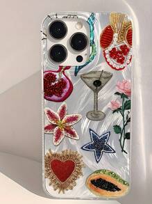 1 pieza Funda de teléfono suave antideslizante con estampado de flor de granada y estrella de mar, adecuada para 16, 15, 14, 13, 12, 11 Pro Max
