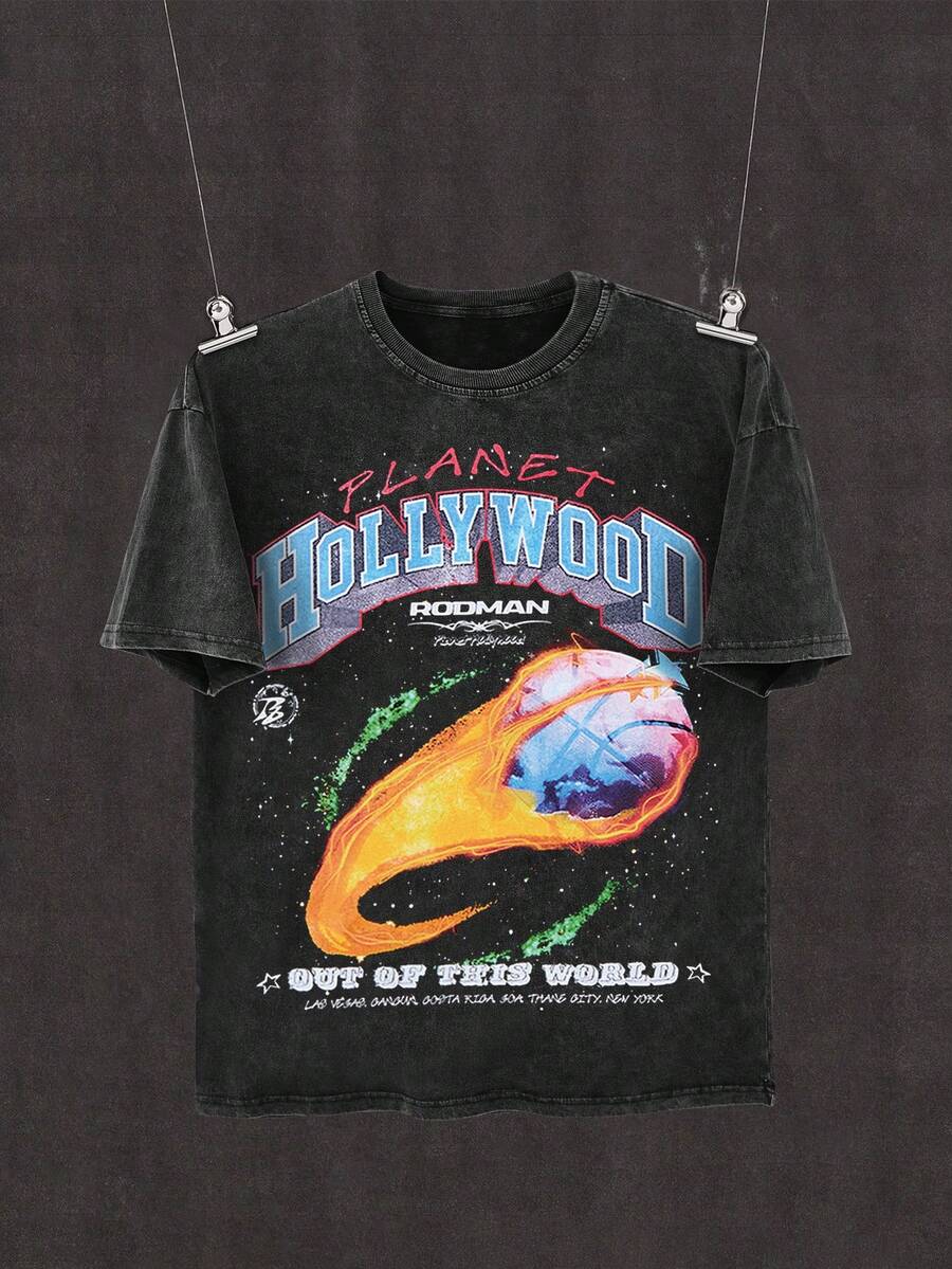 NEON DUSK Men's Casual Fashion Letter & Planet Graphic Versatile Solid Color Short Sleeve T-Shirt, Distressed Wash Finish - Black - View 1