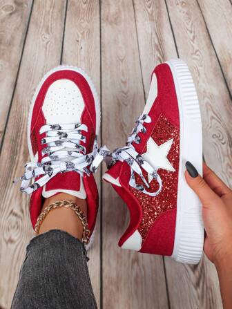 Red & White Patchwork Casual Shoes For Women, PU Leather With Glitter & Star Decor, Low-Top Durable, Lightweight & Comfortable Unisex Skateboard Shoes, Suitable For Party, Commute, Travel, Wedding, Holiday Gift, Vacation (Please Select One Size Up If You Have Wide Feet)