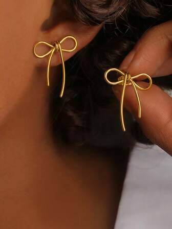 1 Pair Stainless Steel Hollow Bowknot Dangle Earrings, Suitable For Everyday Wear
