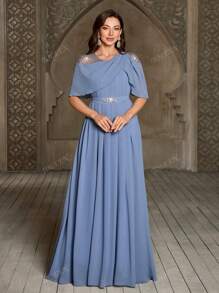 Women's Elegant Long Dress With Shoulder Mesh Patchwork, Beaded, Pleated, Waist Belt Decor, Solid Color