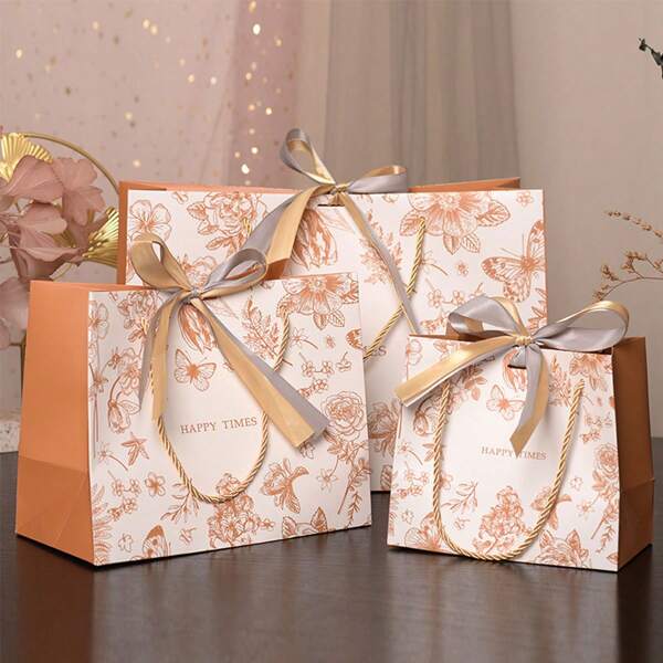 2pcs Golden Floral Gift Bags, Apparel & Cosmetic Packaging Paper Bags, Versatile Gift Bags With Dual Ribbons