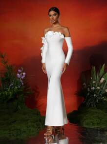 Love Aing LOVE Aing Women's Handmade 3D Floral Strapless Long Sleeve Split Hem Sexy Bandage Cocktail Dress, Elegant For Prom, Semi-Formal Wedding Guest Attire, Suitable For Birthday, Graduation, Banquet, Homecoming