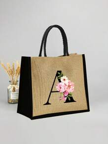 Conjunto com 2 peças: uma bolsa de linho cáqui com iniciais de flores rosa e uma pequena bolsa combinando, simples e elegante, bolsa personalizada para presente de casamento para madrinhas, bolsa de maquiagem, bolsa de viagem simples para armazenamento, carteira de cosméticos de cor sólida, bolsa de maquiagem de viagem com grande capacidade: a combinação perfeita para belezas ao ar livre! Adequada para casamentos, aniversários e praia.