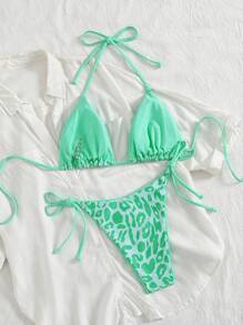 Conjunto de bikini sexy con tiras en el cuello con estampado de leopardo para playa y resort, verano 2025