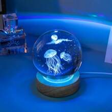 1pc Jellyfish Mood Light With Wooden Base - USB Powered Glass Desktop Lamp With Color Changing Geometric Pattern, Animal Themed Home Decor, Living Room Table Lighting, Ideal Gift For Birthday, Valentine's Day, Christmas