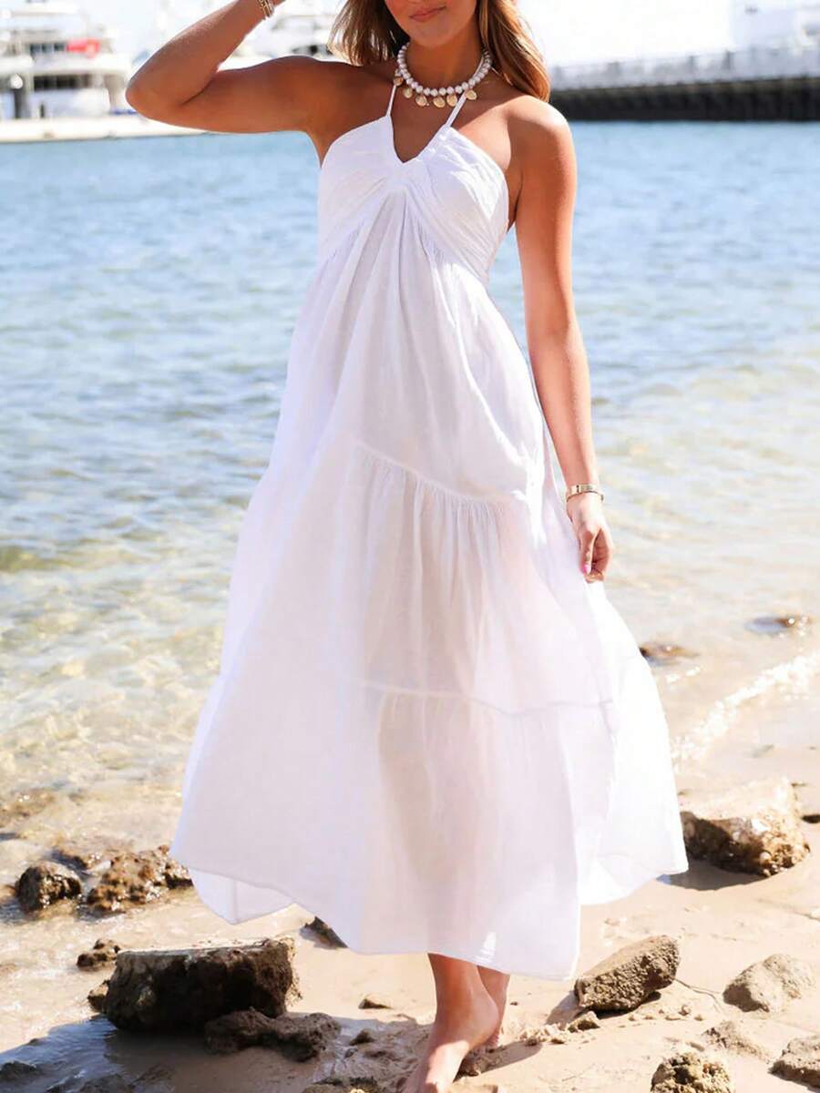 Women Summer Halter Neck Long Dress Ruffle Hem Solid Color Backless Party Dress For Beach Club - 白色 - 查看 1