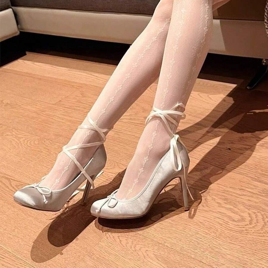 Scarpe con tacco alto da donna, nuovo stile, alla moda, con punta tonda, fiocco, raso, balletto, delicato temperamento francese.