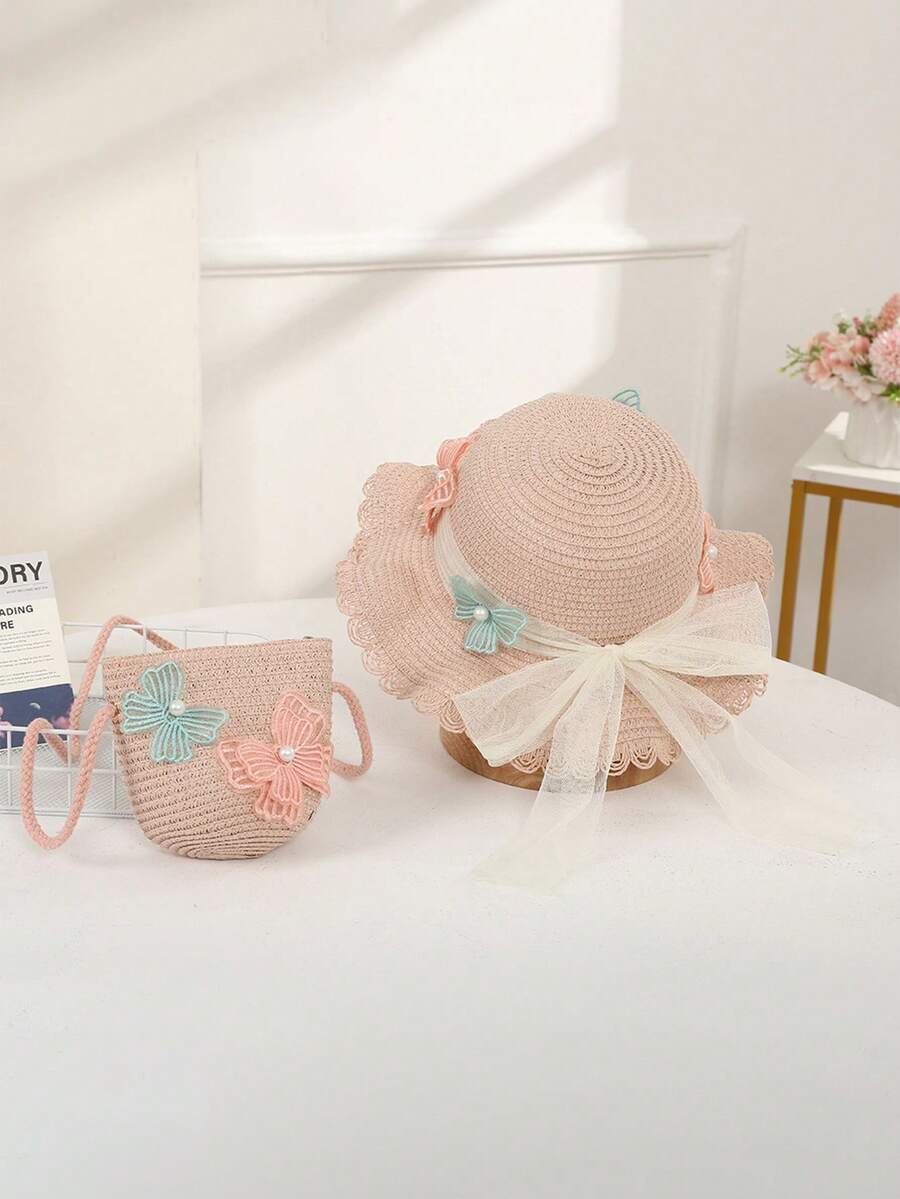 2pcs/Set Girls Hat And Bag Set, Perfect For Parent-Child Outings In Spring And Summer - Pink - View 1
