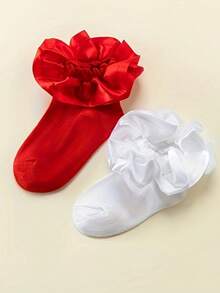 2 Pairs Kids Lace Solid Color Socks, 100% Cotton Princess Socks For Girls, Mid-Calf Length, Spring/Summer - Multicolor - View 3