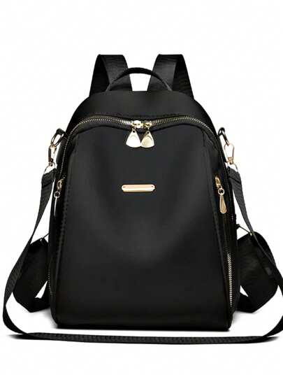 1 pieza Mochila grande de mujer de tela Oxford color negro sólido, versátil para uso diario y casual