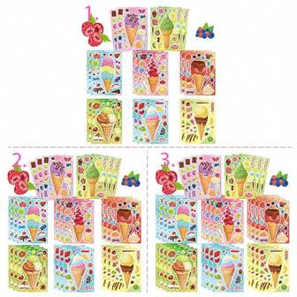 16/24/32pcs Ice Cream Stickers For Kids To Make Their Own, Sweet Dessert Stickers, Children Party Favor Makeup Stickers, Summer Hawaiian Tropical Party Decorative Ice Cream Stickers
