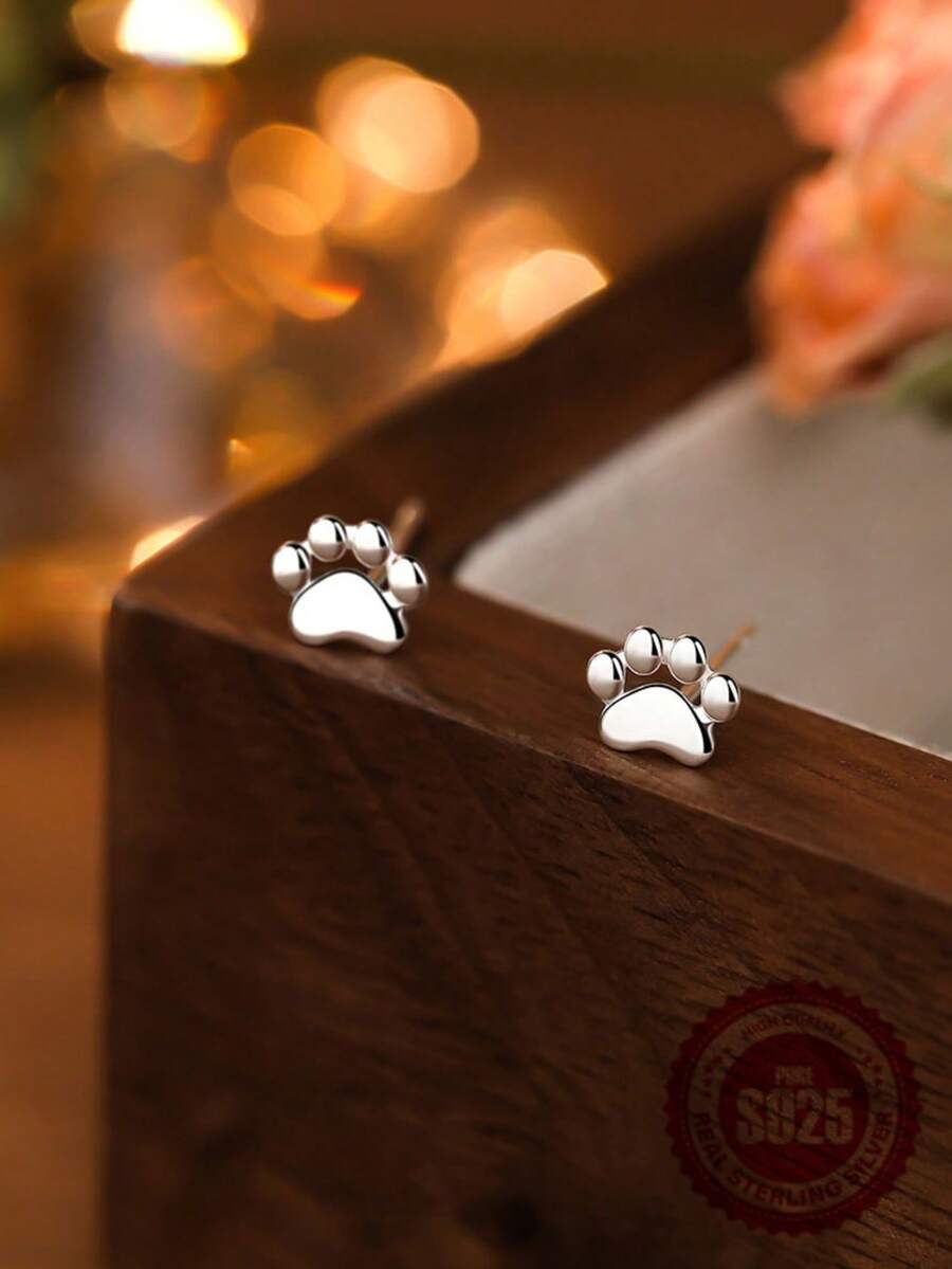 1 Pair Cute S925 Sterling Silver Cat Paw Print Stud Earrings For Women - one-size - View 1