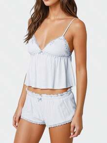 Women's Y2K Summer 2 Piece Pajamas Set Spaghetti Strap Bow Front Ruffle Trim Camisole Crop Tops With Elastic Waist Shorts Lounge Wear 2 Pcs Set - Blue - View 2