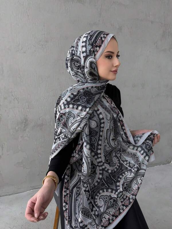 1 pièce Hijab en mousseline de soie imprimé, foulard de tête rétro élégant et luxueux pour femmes, accessoires pour hijab abaya voile