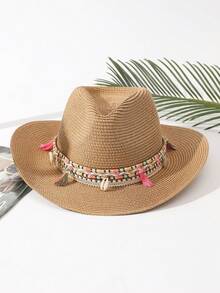 Sombrero de paja estilo bohemio tipo vaquero para el verano, sombrero de playa - Camel - Ver 9
