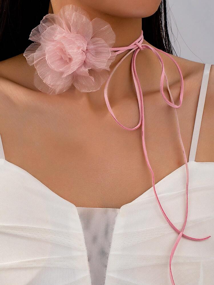 1pc Fashion Versatile Organza Burned Flower Long Neck/Waist Decorative Chain For Women, Suitable For Daily Wear, Party, Wedding Season - Light Pink - View 6