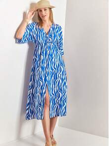 BIANCO LUCCI Women's Elegant Summer Cover Up Dress In Wave Print With Relax Fit And Split Hem For Vacation And Going Out - Blue and White - View 2