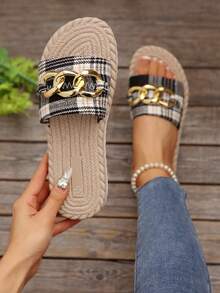 Women's Summer Sandals & Slippers, Rope Sole Slippers, Metal Buckle Decor Slippers, Vacation Style Sandals, Comfortable Slip-On Sandals, Thick Sole Beach Slippers, Printed Home Slippers - Black and White - View 1