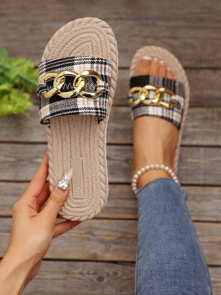 Women's Summer Sandals & Slippers, Rope Sole Slippers, Metal Buckle Decor Slippers, Vacation Style Sandals, Comfortable Slip-On Sandals, Thick Sole Beach Slippers, Printed Home Slippers - Black and White - View 1