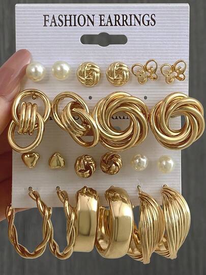 11 pares de conjunto de pendientes de moda creativos, pendientes de perlas falsas de aleación, pendientes con forma de rosquillas fritas antiguas, pendientes con mariposas, pendientes en forma de C con perlas, pendientes geométricos, pendientes con forma de corazón, pendientes sencillos creativos, adecuados para uso diario de mujeres