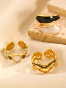 3 件套时尚不对称黑白双色不锈钢戒指套装，时尚设计适合女性日常佩戴 - 彩色 - 查看 6