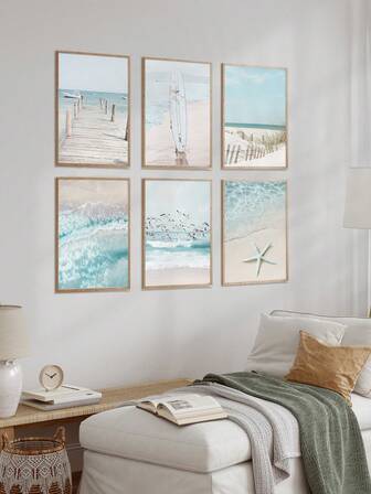 Set de 6 piezas de arte de pared de estilo costero, que incluye playa, estrella de mar, tabla de surf, puente, juncos, patrones de estilo nórdico, adecuado para decoración de sala de estar, sin marco incluido