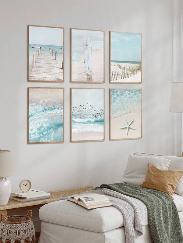 Conjunto de 6 piezas de decoración costera, cuadros artísticos con escena de paisaje marino, playa, estrella de mar, tabla de surf, puente, póster de juncos para decoración de pared en estilo nórdico para la sala de estar, sin marco