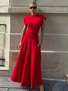 Solid Color Elegant Casual Zipper Pocket Dress, Suitable For Party - Red - View 1