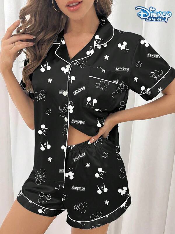 2pcs Disney Mickey Head Cartoon Print Ribbed Fabric Cute Casual Short Sleeve Cardigan And Elastic Waist Shorts Pajama Set For Women