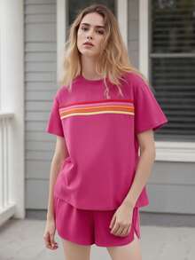 Workout Sets For Women 2 Piece Contrast Color Round Neck Short Sleeve Tops Elastic Waist Shorts Tracksuit Gym Yoga Outfits - Hot Pink - View 4