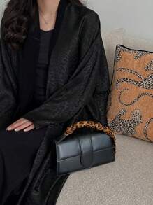 1pc Fashion Simple Metallic Black Leopard Print Solid Color Robe Abaya Cardigan Gown, Elegant For Daily Wear And Festivals, Modest Kaftan