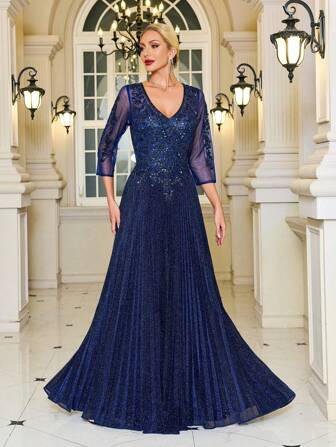 LVNES V-Neck Navy Glittery Formal Evening Gown, 3/4 Sleeve Mother Of The Bride Dress, For Wedding, Dinner, Mothers Day Outfit