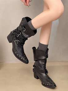 Botas altas con remaches vintage, botas francesas para mujer, botas occidentales versátiles, botas de montar, botas de tobillo - Negro - Ver 4