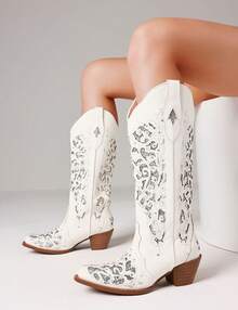 Women's Wedge Heel Boots Pointed Toe Pull-On Retro Boot Low Chunky Heels Western Side Ankle Boots Mid-Calf Outdoor Summer Spring Shoes - 白色 - 查看 4