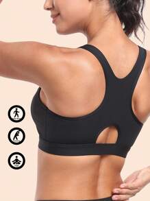 1 pièce Soutien-gorge de sport classique pour femme, couleur unie sexy, tricoté, fermeture métallique devant, confortable sans fil avec un soutien à fort impact, absorbant la transpiration, adapté pour toutes les saisons